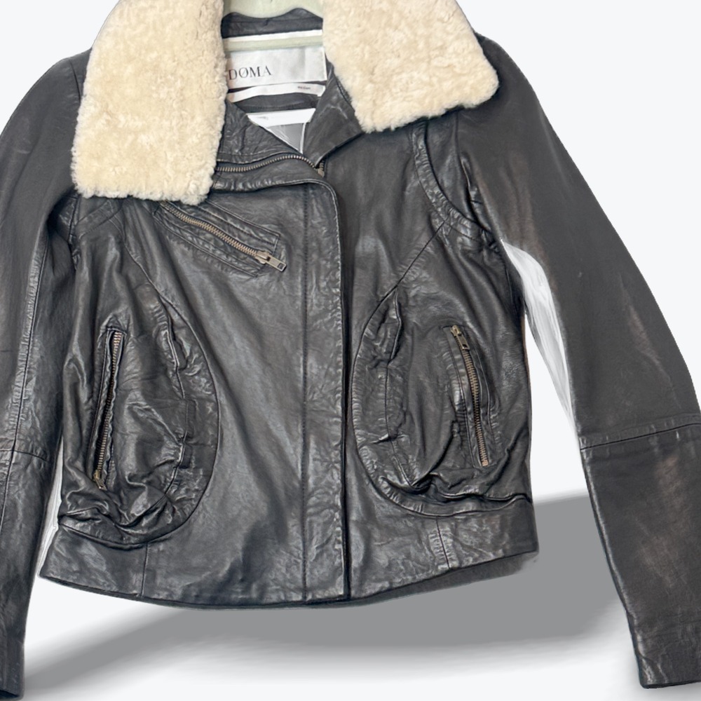 DOMA Lamb Leather Moto Bomber Jacket Black Shearling‎ Removable Collar Medium